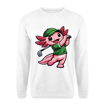 Axolotl beim Golf – Süßer kleiner Golfprofi - Unisex Pullover - Weiß - Vorne - Alina (178cm) & Michal (187cm)