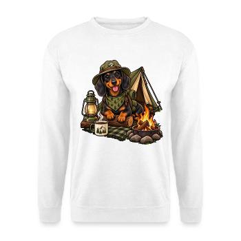 Dackel_Camping_-1-Dackel beim Camping – Kleiner Hu - Unisex Pullover - Weiß - Vorne - Alina (178cm) & Michal (187cm)