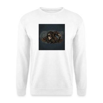 Maskerade-Frau und mechanischer Rabe - Unisex Pullover - Weiß - Vorne - Alina (178cm) & Michal (187cm)