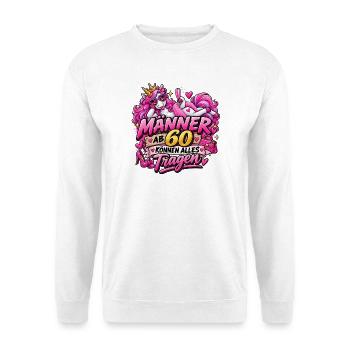 Männer ab 60 können alles tragen – Einhorn - Unisex Pullover - Weiß - Vorne - Alina (178cm) & Michal (187cm)