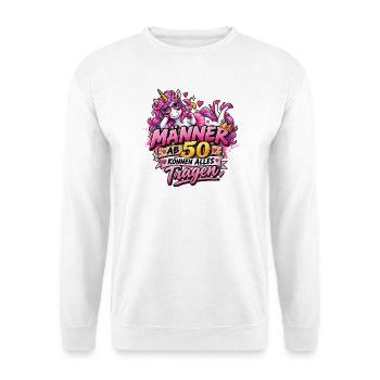 Männer ab 50 können alles tragen – Einhorn - Unisex Pullover - Weiß - Vorne - Alina (178cm) & Michal (187cm)