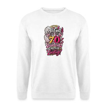 70. Geburtstag – Engel, Teufel und Humor - Unisex Pullover - Weiß - Vorne - Alina (178cm) & Michal (187cm)