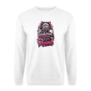 Ich denke an Anime – Lustiger Fan-Spruch - Unisex Pullover - Weiß - Vorne - Alina (178cm) & Michal (187cm)