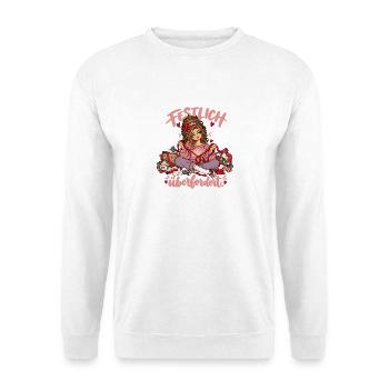 Lustiger Weihnachsspruch - festlich überfordert - Unisex Pullover - Weiß - Vorne - Alina (178cm) & Michal (187cm)