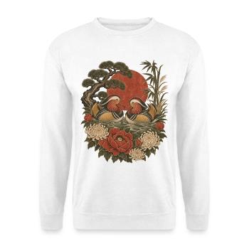 Japanische Mandarinenten & Chrysantheme - Unisex Pullover - Weiß - Vorne - Alina (178cm) & Michal (187cm)