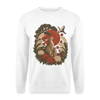 Japanische Hasefamilie & Red Sun – Vintage Wildtiere - Unisex Pullover - Weiß - Vorne - Alina (178cm) & Michal (187cm)