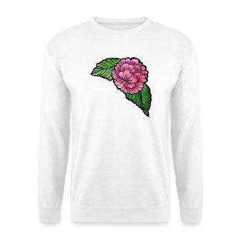 Rosa Pfingstrose auf schwarzer Seide - Unisex Pullover - Weiß - Vorne - Alina (178cm) & Michal (187cm)