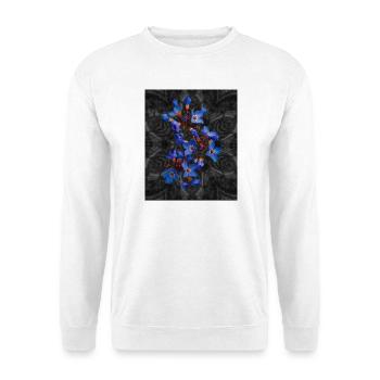 Blaue Blüten im schwarz grauem Hintergrund - Unisex Pullover - Weiß - Vorne - Alina (178cm) & Michal (187cm)