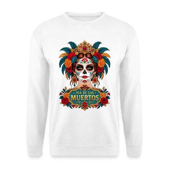 Mexikanische Totenkopffrau Dia de los Muertos - Unisex Pullover - Weiß - Vorne - Alina (178cm) & Michal (187cm)