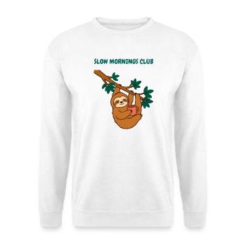 Slow Mornings Club Faultier Kaffee Lustiges Faules Tier - Unisex Pullover - Weiß - Vorne - Alina (178cm) & Michal (187cm)