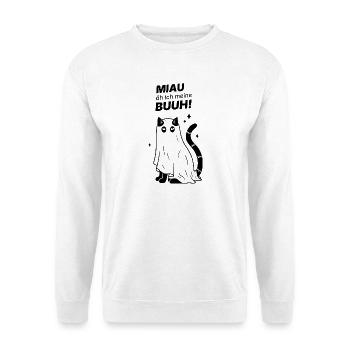 Miau äh ich meine Buuh! - Katze Gespenst Halloween - Unisex Pullover - Weiß - Vorne - Alina (178cm) & Michal (187cm)