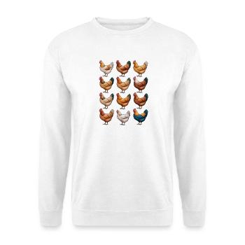Lebendiges Hennen-Mosaik-Huhn - Unisex Pullover - Weiß - Vorne - Alina (178cm) & Michal (187cm)