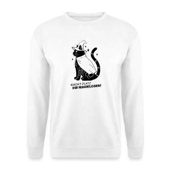 Macht Platz ihr Magielosen! – Schwarze Katze Hexe - Unisex Pullover - Weiß - Vorne - Alina (178cm) & Michal (187cm)