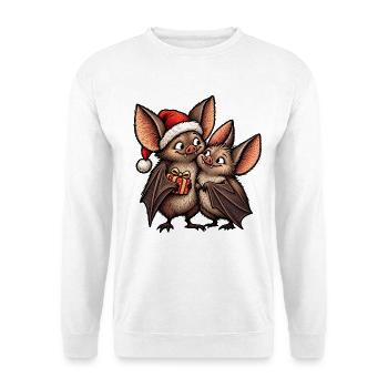 Weihnachtsfledermäuse mit Weihnachtsgeschenk - Unisex Pullover - Weiß - Vorne - Alina (178cm) & Michal (187cm)