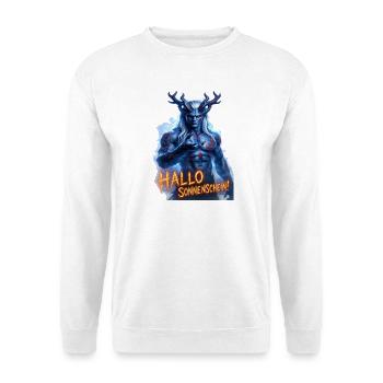 Hallo Sonnenschein! – Dämon mit Humor  - Unisex Pullover - Weiß - Vorne - Alina (178cm) & Michal (187cm)