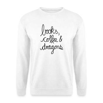 Books, Coffee & Dragons – Design für Leseratten - Unisex Pullover - Weiß - Vorne - Alina (178cm) & Michal (187cm)