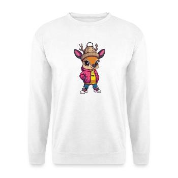 Hirsch mit pinker Winterjacke und Mütze - Unisex Pullover - Weiß - Vorne - Alina (178cm) & Michal (187cm)