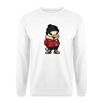 Ente mit roter Winterjacke und Mütze - Unisex Pullover - Weiß - Vorne - Alina (178cm) & Michal (187cm)