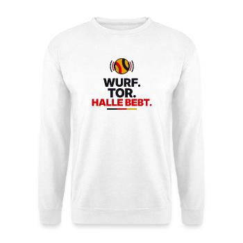 Wurf. Tor. Halle bebt. - Unisex Pullover - Weiß - Vorne - Alina (178cm) & Michal (187cm)