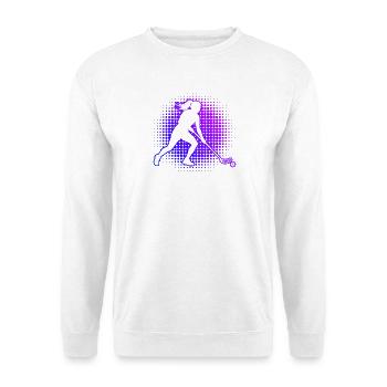 Geschenkidee für die Floorball-Fanin mit Innebandy - Unisex Pullover - Weiß - Vorne - Alina (178cm) & Michal (187cm)