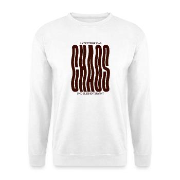 Akzeptiere das Chaos – Retro Spruch Gelassenheit - Unisex Pullover - Weiß - Vorne - Alina (178cm) & Michal (187cm)