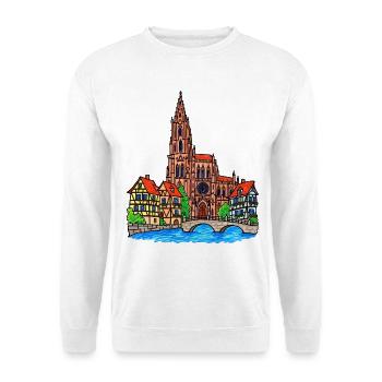 Straßburg Skyline im Wachsmalstil - Unisex Pullover - Weiß - Vorne - Alina (178cm) & Michal (187cm)