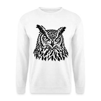 Uhu – Majestätisches Schwarz Weiß Eulenporträt - Unisex Pullover - Weiß - Vorne - Alina (178cm) & Michal (187cm)