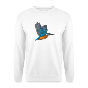 Eisvogel im Flug – blauoranges Gefieder als Motiv - Unisex Pullover - Weiß - Vorne - Alina (178cm) & Michal (187cm)