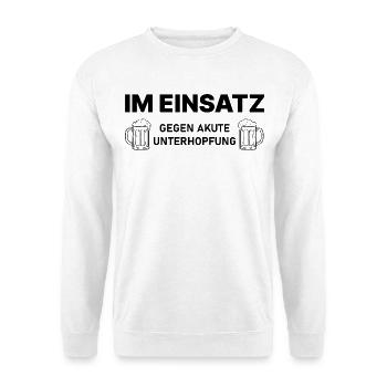 Im Einsatz gegen akute Unterhopfung – Bierspruch - Unisex Pullover - Weiß - Vorne - Alina (178cm) & Michal (187cm)