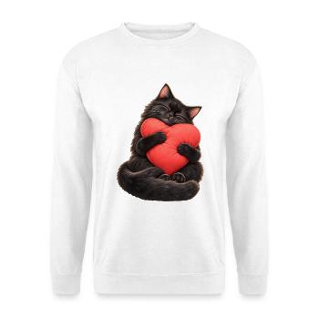 Schwarze Katze mit Herzkissen – Liebe auf Pfoten - Unisex Pullover - Weiß - Vorne - Alina (178cm) & Michal (187cm)