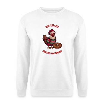 Hühnerhalter Winterpause – Nächstes Ei im Frühling - Unisex Pullover - Weiß - Vorne - Alina (178cm) & Michal (187cm)