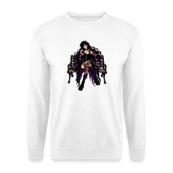 Gothic-Frau auf Parkbank – Violette Eleganz - Unisex Pullover - Weiß - Vorne - Alina (178cm) & Michal (187cm)