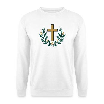 Goldenes Kreuz im Laubkranz - Unisex Pullover - Weiß - Vorne - Alina (178cm) & Michal (187cm)