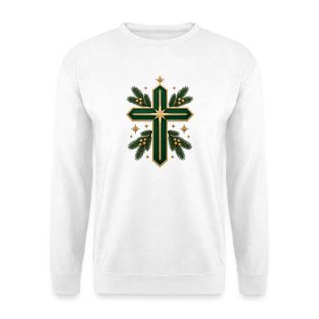 Weihnachtskreuz mit Goldrand und Tannengrün - Unisex Pullover - Weiß - Vorne - Alina (178cm) & Michal (187cm)