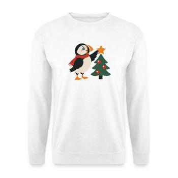 Weihnachtspuffer schmückt den Weihnachtsbaum - Unisex Pullover - Weiß - Vorne - Alina (178cm) & Michal (187cm)