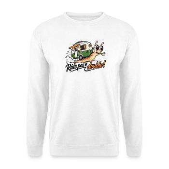 Wohnmobil-Humor-Aufkleber – Pas und doppeltes Beschwerden! - Unisex Pullover - Weiß - Vorne - Alina (178cm) & Michal (187cm)