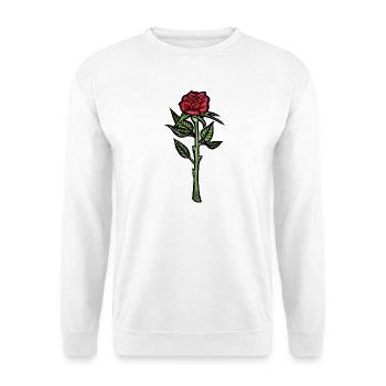 Karmesinrote Rose auf schwarzem Hintergrund - Unisex Pullover - Weiß - Vorne - Alina (178cm) & Michal (187cm)