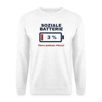 Soziale Batterie 3 % – Familienfeier-Modus - Unisex Pullover - Weiß - Vorne - Alina (178cm) & Michal (187cm)