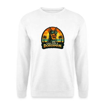 Dobermann mit Sonnenbrille am Strand im Retrolook - Unisex Pullover - Weiß - Vorne - Alina (178cm) & Michal (187cm)