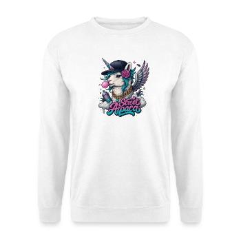 Street Alpaca mit Horn, Flügeln und Kaugummi - Unisex Pullover - Weiß - Vorne - Alina (178cm) & Michal (187cm)