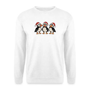Weihnachten – Drei Papageitaucher mit Hüten - Unisex Pullover - Weiß - Vorne - Alina (178cm) & Michal (187cm)
