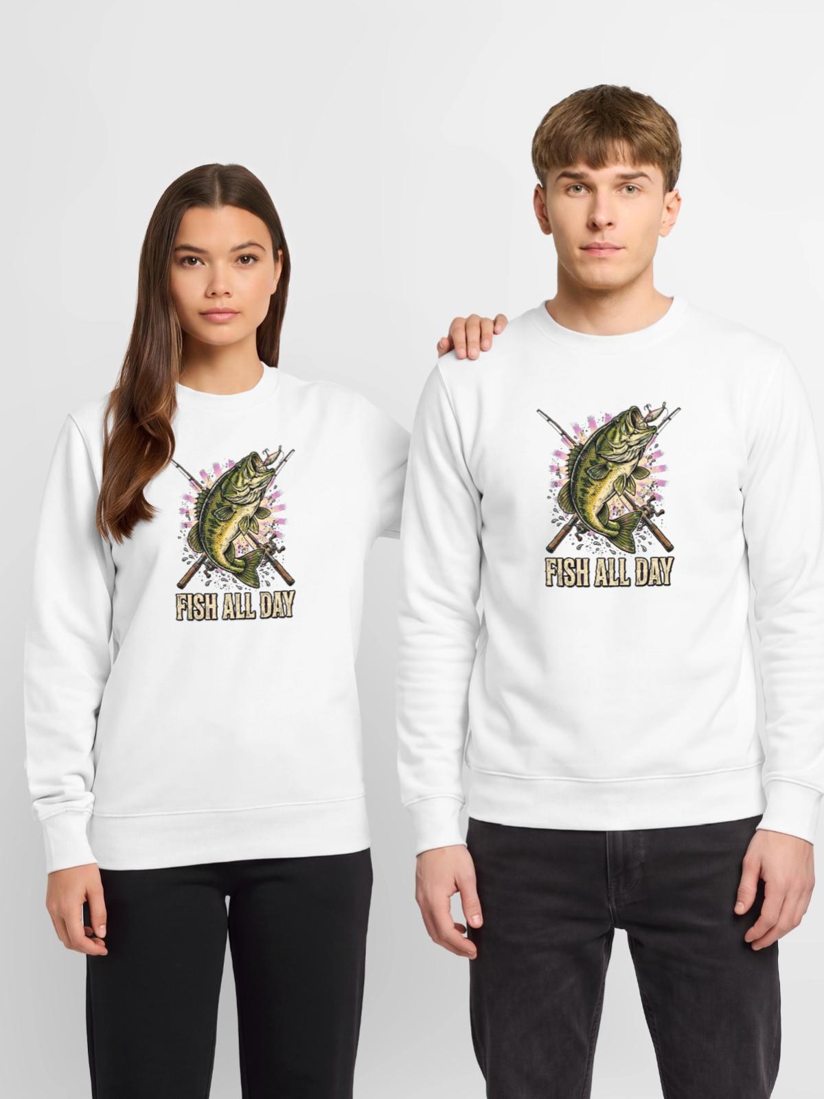 Angeln, Angeln, Angelrute - Unisex Pullover - Weiß - Vorne - Alina (178cm) & Michal (187cm)