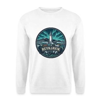 Reykjavik Island Reiseabzeichen Kirchensouvenir - Unisex Pullover - Weiß - Vorne - Alina (178cm) & Michal (187cm)