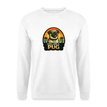 Mops mit Sonnenbrille und Palmen im Retrolook - Unisex Pullover - Weiß - Vorne - Alina (178cm) & Michal (187cm)
