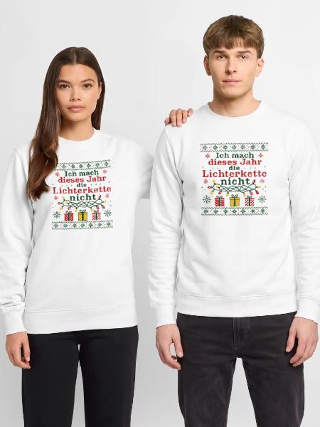 Dieses Jahr mach ich die Lichterkette nicht - Unisex Pullover - Weiß - Vorne - Alina (178cm) & Michal (187cm)