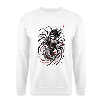 Spinnenfrau im schwarzen Kimono - Unisex Pullover - Weiß - Vorne - Alina (178cm) & Michal (187cm)