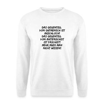 GUTMENSCH ARSCHLOCH ANTIFASCHIST FASCHIST, FCK NZS - Unisex Pullover - Weiß - Vorne - Alina (178cm) & Michal (187cm)