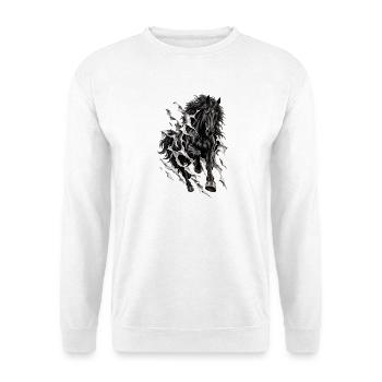 Galoppierendes Schwarzes Pferd – Zerrissener Trompe-l'oeil-Effekt - Unisex Pullover - Weiß - Vorne - Alina (178cm) & Michal (187cm)