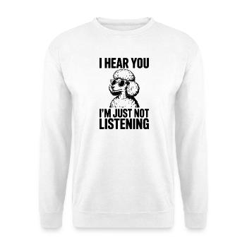 Pudel Sprüche Hunde Lustiges Pudel Geschenk - Unisex Pullover - Weiß - Vorne - Alina (178cm) & Michal (187cm)