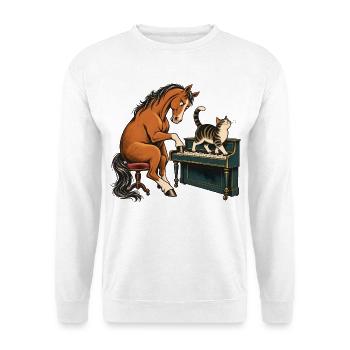 Pferd und Katze spielen Klavier - Unisex Pullover - Weiß - Vorne - Alina (178cm) & Michal (187cm)